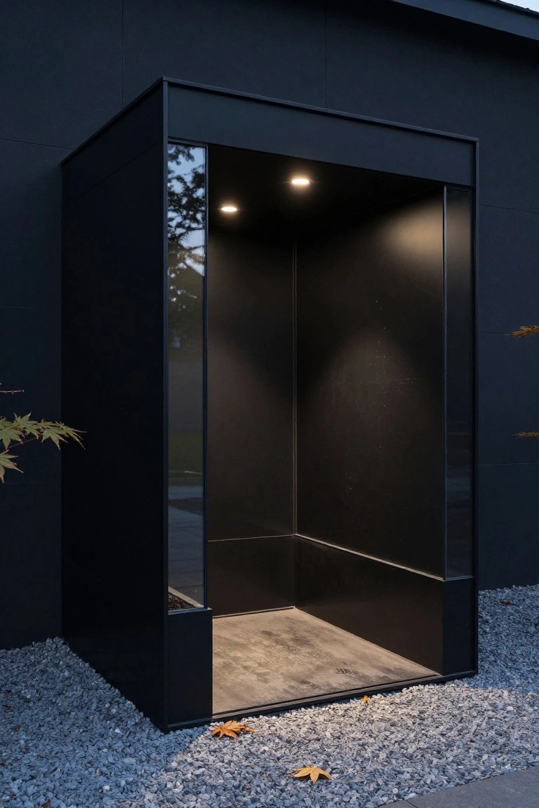 Black metal-framed glass cubicle for an outdoor shower on a gravel base next to a dark house wall, with interior lighting on and fall leaves scattered around.