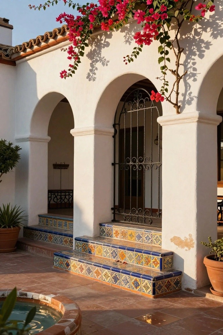 White stucco exterior with arched iron gate entryway, cascading pink bougainvillea vines, colorful tiled steps, potted plants, and a small fountain on terracotta patio tiles.