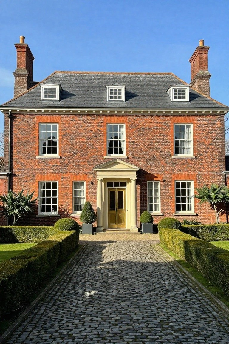 Red-brick Georgian house with central doorway and cobblestone driveway.