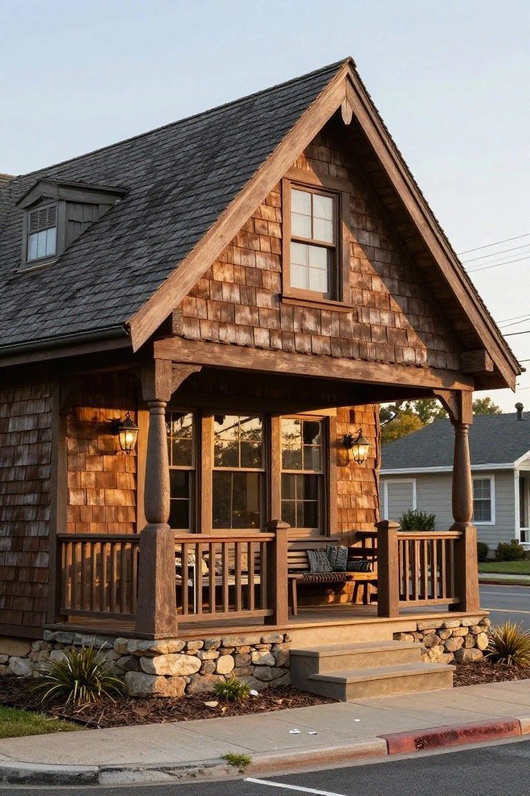 Small gabled wooden shingle house with covered front porch featuring turned columns, lanterns, bench, railing, stone foundation, steps, and landscaping along a street.