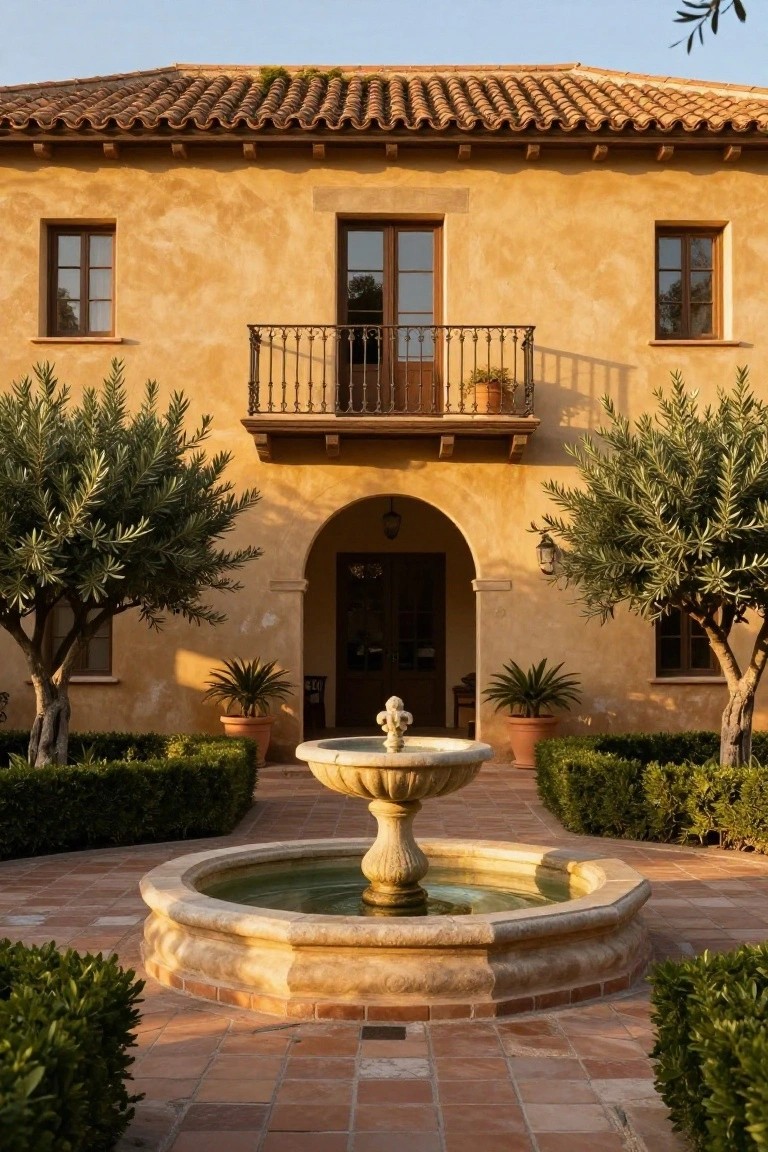 Tan stucco house with terracotta tile roof, arched wooden entry door, wrought-iron balcony, flanked by olive trees, and a central stone fountain in a terracotta-paved courtyard with boxwood hedges and potted plants.