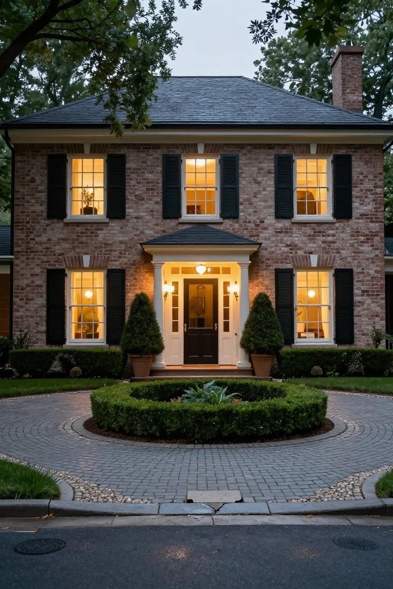 Brick house with glowing windows, white door, circular driveway, and shrubs.