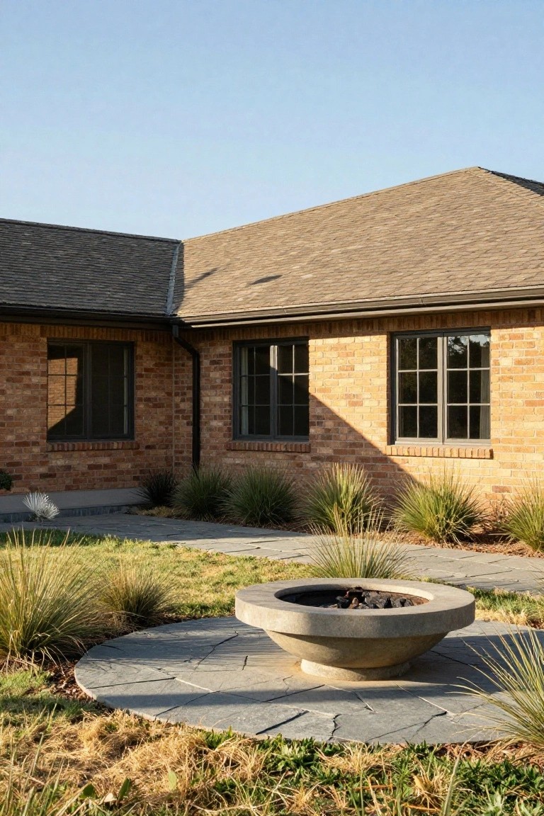 Circular slate patio with central concrete fire pit surrounded by tall grasses next to a brick house with dark-framed windows.