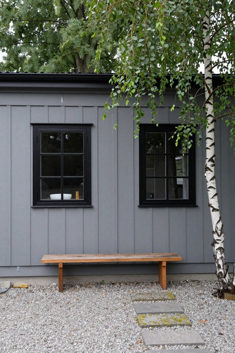 Gray horizontal lap siding on a small outbuilding with two black-framed six-over-six windows, a wooden bench on gravel ground in front, stepping stones, and a birch tree to the side.