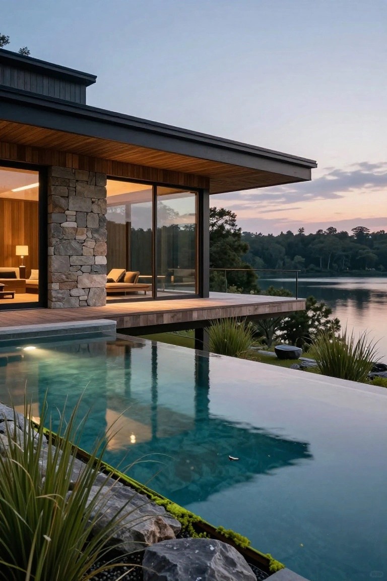 Modern house exterior with cantilevered wooden deck extending over turquoise infinity edge pool adjacent to a lake, stone wall accents, large glass windows, and surrounding trees and plants.