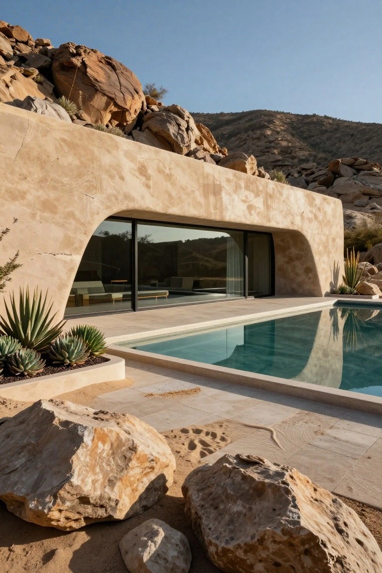 Beige curved stucco house facade with large arched glass doors overlooking a rectangular pool, surrounded by large natural boulders, succulents, and desert rocks.