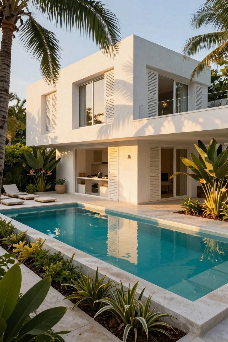 White modern house with louvered shutters and an outdoor kitchen adjacent to a rectangular turquoise pool edged by tropical plants and loungers.