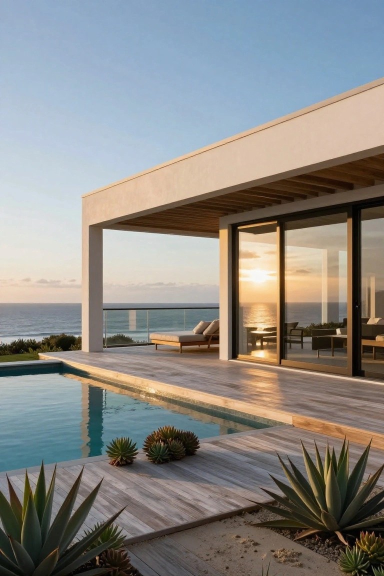 White modernist house with wooden pergola and deck, infinity-edge pool surrounded by agave plants, balcony with ocean view at sunset.
