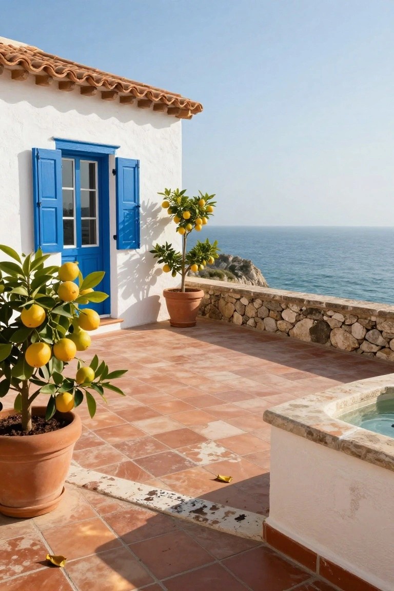 White stucco exterior wall with blue door and shutters open, two potted lemon trees with fruit on terracotta tiled patio, stone balustrade wall, small curved pool, and ocean view beyond.