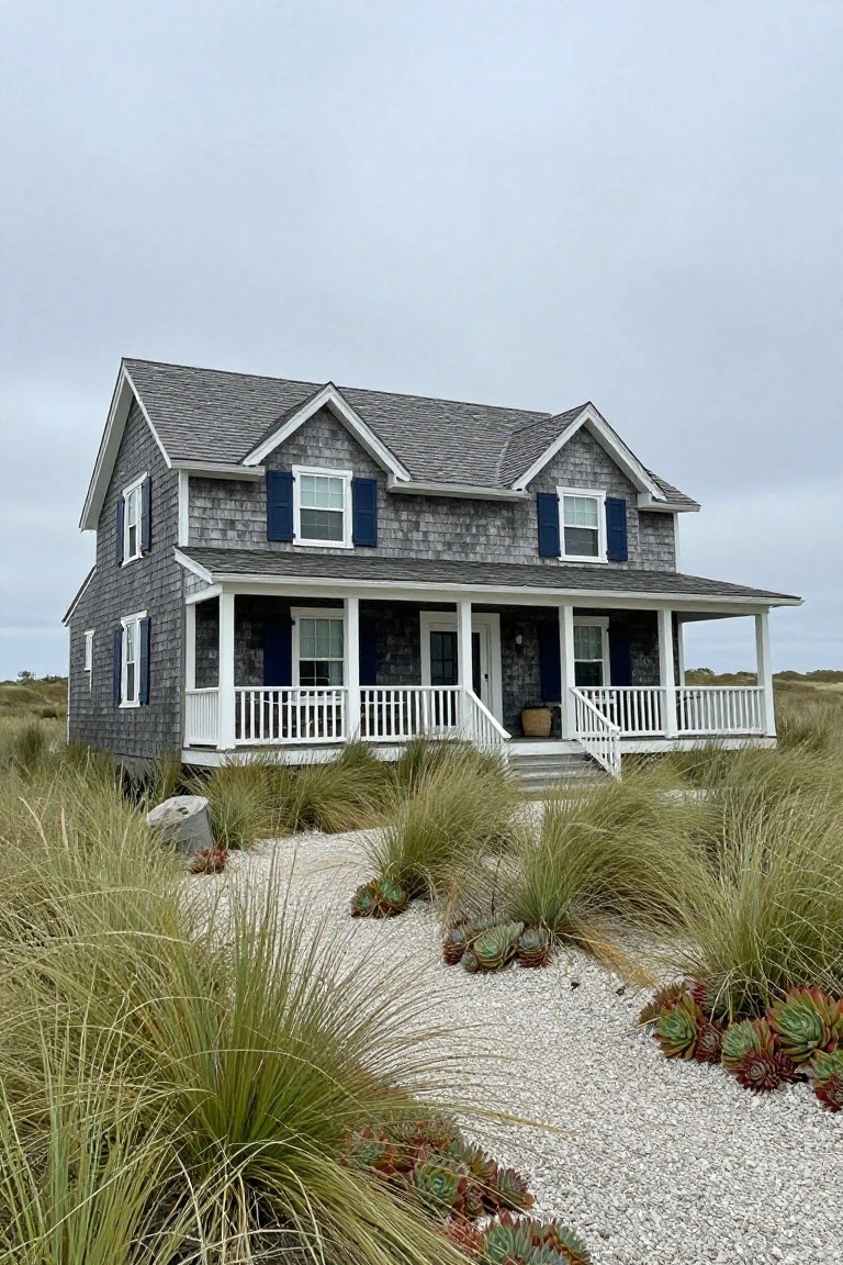 Gray shingled two-story house with navy shutters, white wraparound porch and railing, surrounded by tall beach grasses, gravel path, and succulents on a dune landscape.