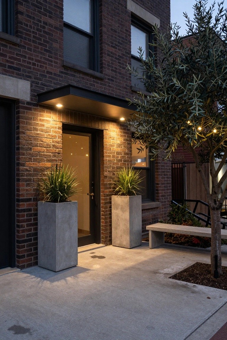 Dusk photo of a brick house front entrance with glass door under black metal awning and downlights, flanked by two tall concrete planters with grasses, olive tree strung with lights, concrete bench, and lit pathway.