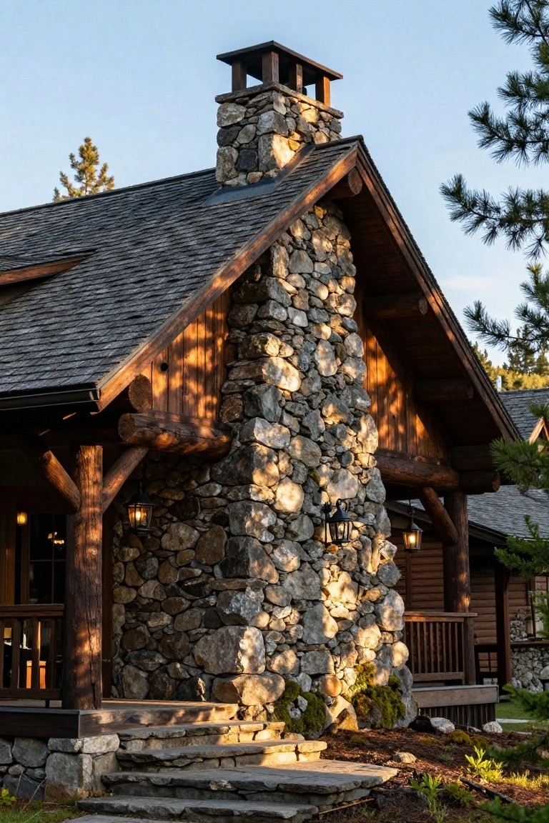 Timber-framed cabin exterior with a tall stacked stone chimney rising from the slate-shingled roof, wooden porch supported by log beams, hanging lanterns, stone steps, mossy plants, and surrounding pine trees.