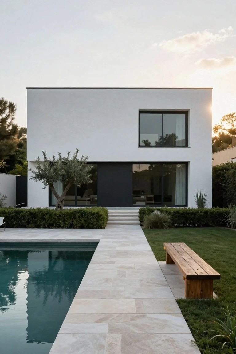 White rectangular modern house with black-framed large windows and sliding door, facing a turquoise rectangular pool edged in light beige travertine pavers, with a stone pathway, wooden bench, boxwood hedges, olive tree, grasses, and lawn.