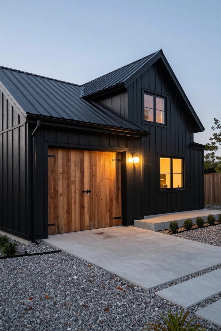 Black board-and-batten house with dark metal gable roof, double wooden garage doors, concrete driveway apron, gravel yard with low plants and concrete paths at dusk.