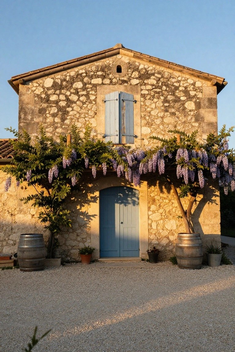 Stone house with blue door and blooming purple wisteria.