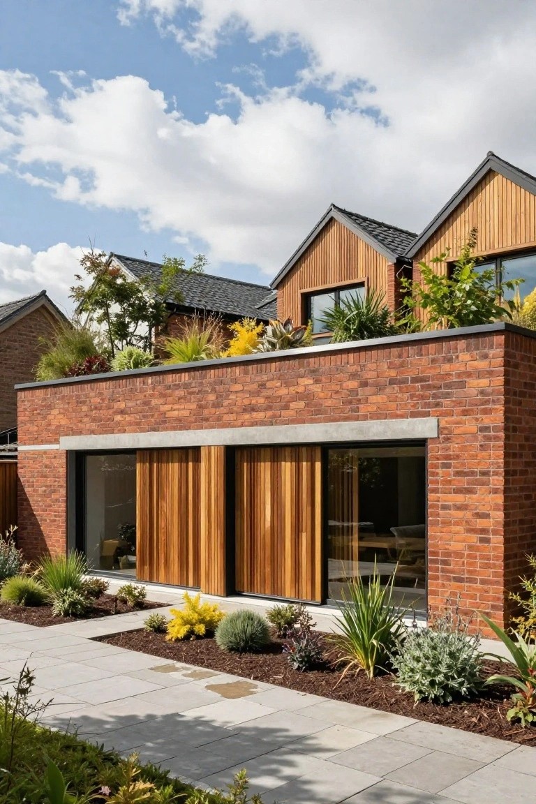 Brick-walled home extension featuring large sliding glass doors behind vertical slatted timber panels under a concrete lintel, with a green planted roof above and landscaped plants along a paved pathway.