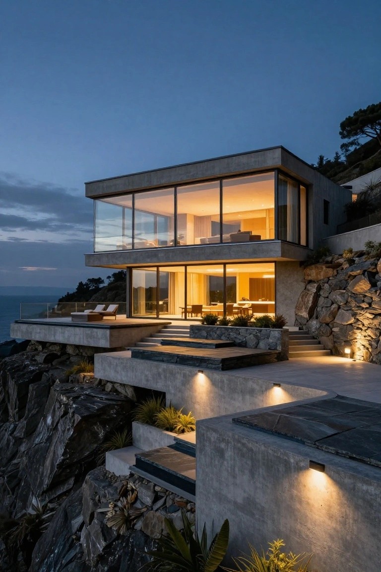 Modern concrete and glass house on a rocky cliffside at dusk with cantilevered decks extending over rocks toward the ocean and warm exterior lighting.