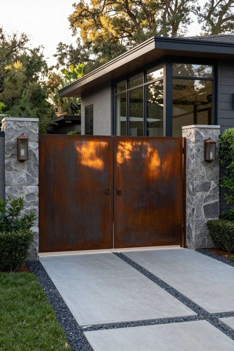 Large double corten steel gates with rust patina between stone pillars topped with lanterns, opening to a concrete driveway with black pebble strips, beside a modern dark house and landscaped yard.