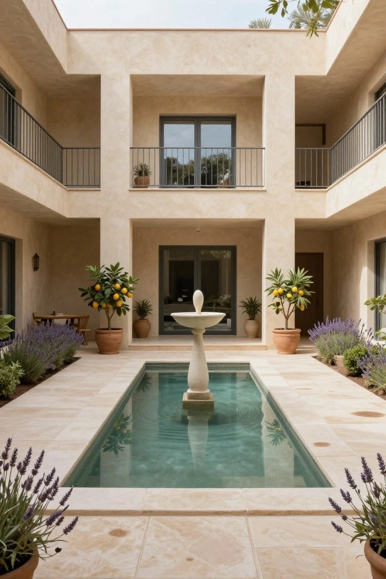 Enclosed beige stucco courtyard featuring a narrow rectangular turquoise pool with a central tall stone fountain, flanked by potted orange trees, lavender plants in terracotta pots, and upper-level balconies with black railings.