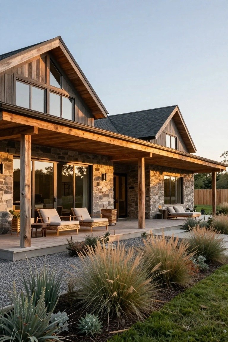 Exterior view of a modern rustic house featuring vertical wood siding on the upper facade, stone masonry base, dark shingled gable roof, wide covered porch with timber posts and beams, patio furniture, and surrounding gravel patio with ornamental grasses and agaves.