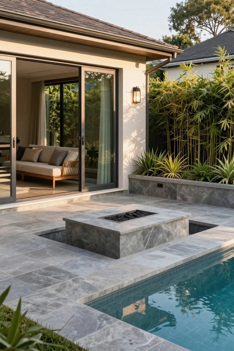 Modern backyard with open sliding glass doors from beige house interior to gray stone patio, built-in rectangular fire pit, turquoise-tiled pool, bamboo screen, and agave plants.