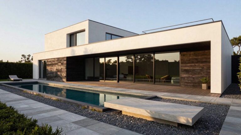 White modern house with black-framed sliding glass doors open to a wooden deck holding two lounge chairs and a small table, above a turquoise pool edged in gray stone tiles with pebbles, plants, and a concrete bench.