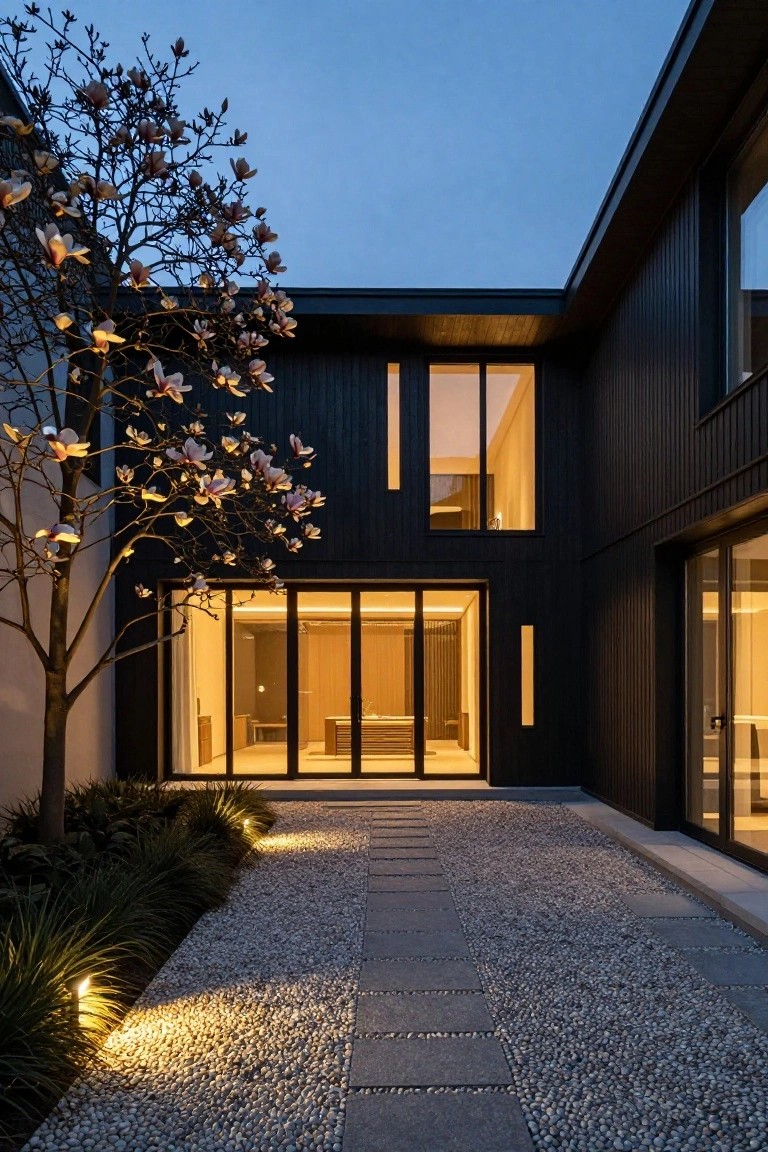 Modern black timber-clad house exterior at dusk with a gravel pathway lined by stepping stones and grasses leading to large glass entry doors, a blooming magnolia tree nearby, and uplights along the path.