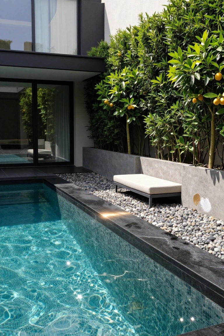 Close-up view of a narrow infinity-edge swimming pool with black tile edges and blue mosaic bottom, surrounded by gray pebbles, a white cushioned bench on black metal frame, tall green hedges with orange fruits in concrete planters, and a modern glass-walled house in the background.