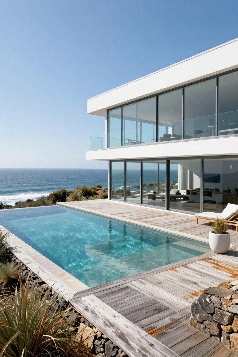 White modern house with large glass walls, infinity-edge pool, wooden deck, and native plants on a rocky cliff overlooking the ocean.