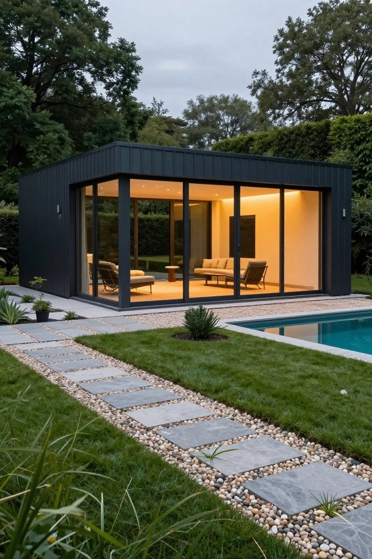 A rectangular black metal-clad pavilion with large floor-to-ceiling glass walls and doors next to a swimming pool, connected by a stone paver pathway edged with pebbles amid green lawn and plants.