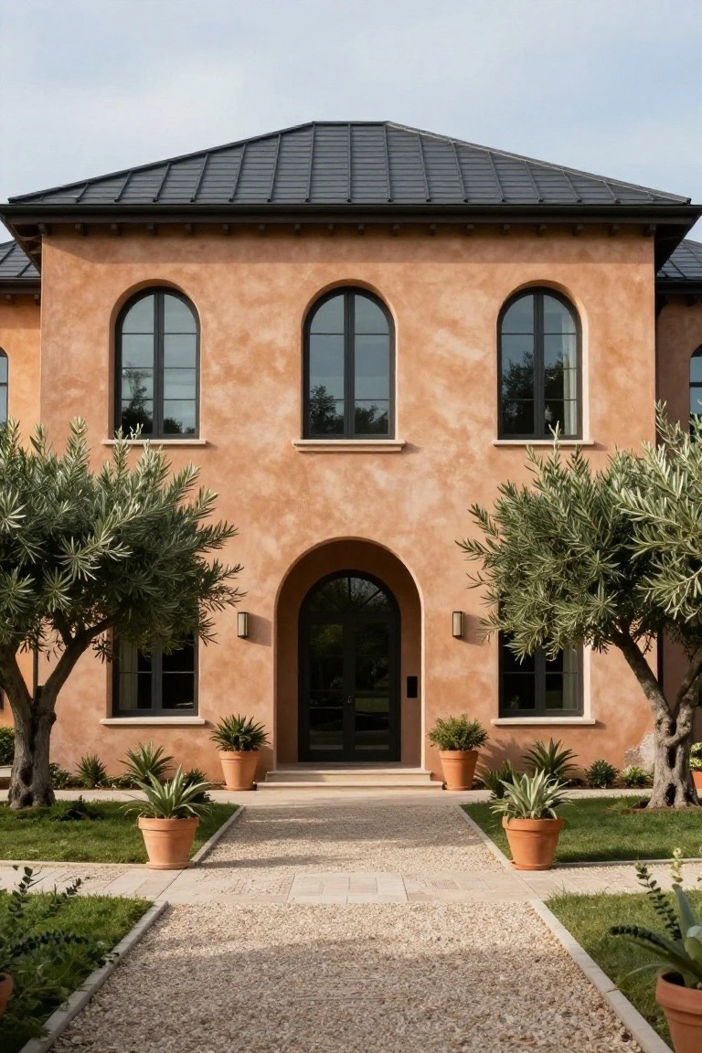 Terracotta stucco house with black-framed arched windows and dark wood entry door flanked by two mature olive trees, gravel pathway, potted agaves, and low ground cover.