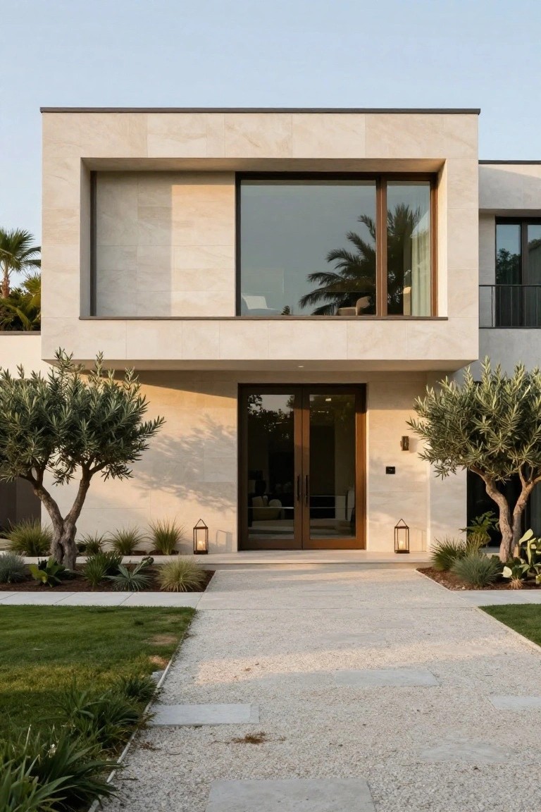 Front exterior of a beige stone contemporary house featuring large glass window, wooden double doors, two olive trees flanking the entrance, lanterns, stone pathway, and low landscaping with grass.