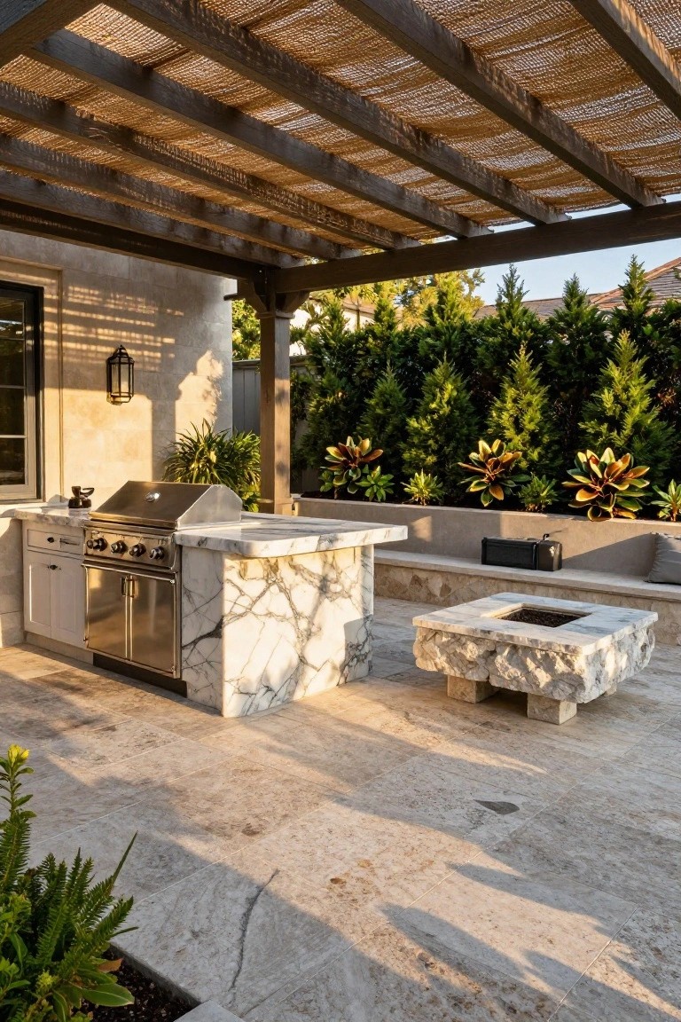 Backyard patio under a thatched wood pergola featuring a built-in stainless steel grill on white marble countertop island, stone fire pit, travertine flooring, and surrounding potted plants next to stucco house wall.