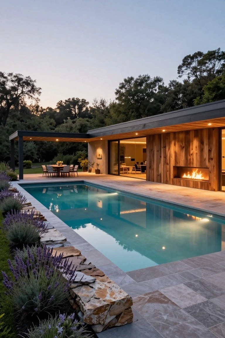 Modern backyard with rectangular pool edged by lavender plants in stone beds, wooden-clad house wall with built-in fireplace and sliding glass doors, outdoor dining under black pergola, trees in background at dusk.