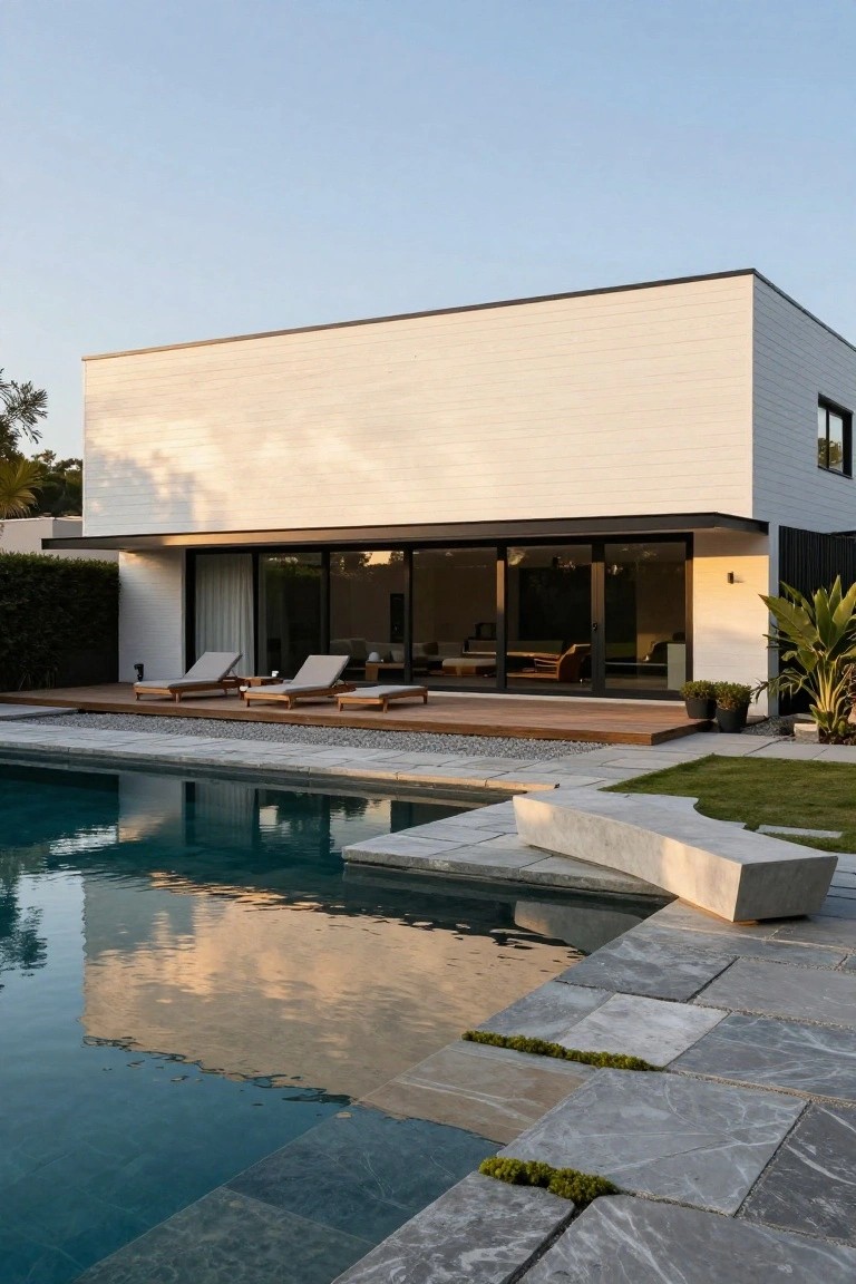 White modern house with black-framed sliding glass doors open to a wooden deck holding two lounge chairs and a small table, above a turquoise pool edged in gray stone tiles with pebbles, plants, and a concrete bench.
