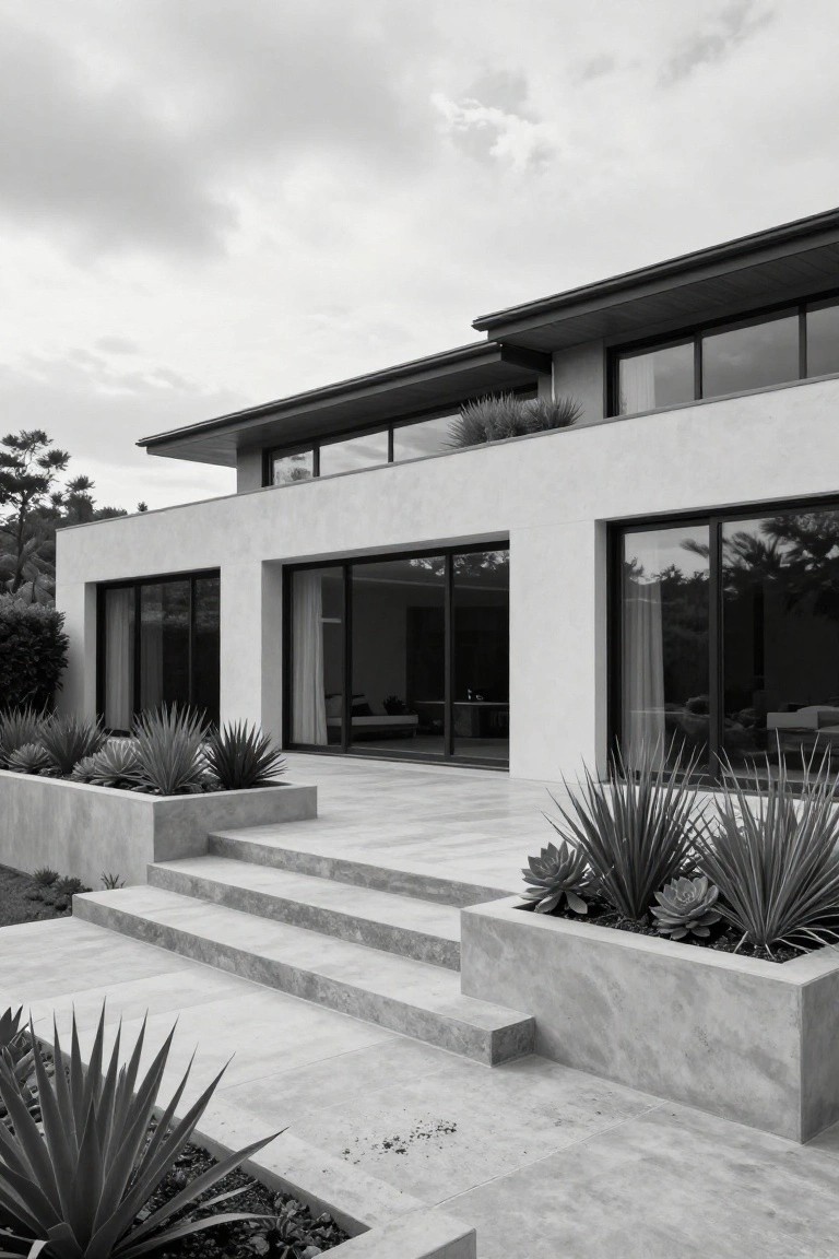 Black-and-white photo showing the rear exterior of a modern stucco house with large black-framed glass doors, concrete steps up to a stone terrace, and raised concrete planters containing agave and succulent plants.