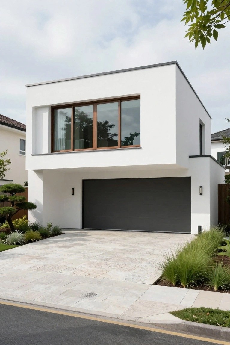 Contemporary two-story house with white exterior walls, large wood-framed upper windows, dark gray garage door, light stone tile driveway, and grasses along the borders.