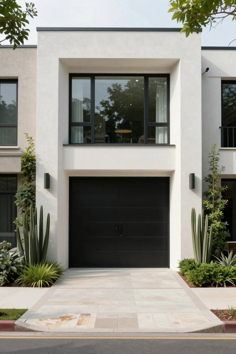White stucco modern house facade with central black garage door flanked by tall cacti and agave plants, black-framed windows above, concrete paver driveway, and street curb in front.
