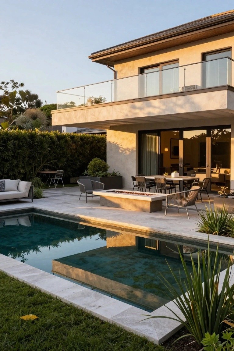 Rear exterior of a two-story beige stucco house with glass balcony railing, large sliding doors opening to a stone-paved patio featuring a rectangular pool, fire pit table with chairs and sofa, tall hedges, and landscaping at sunset.