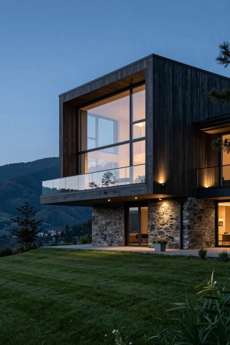 Modern house exterior at dusk with dark vertical wood cladding on upper walls, large glass corner window and cantilevered balcony with glass railing, stone lower walls, uplights, grass lawn, trees, and mountain background.