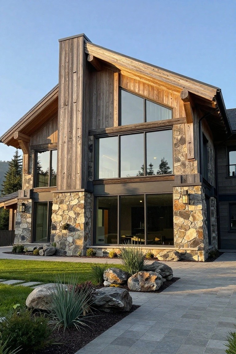 Modern mountain home with stone walls, wood siding, and large glass windows.