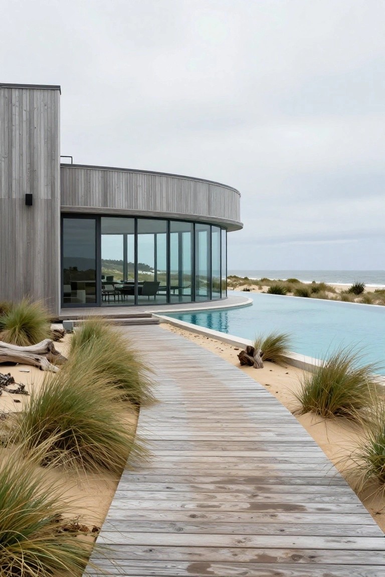 Contemporary beach house with vertical wood cladding, curved glass wall, infinity-edge pool by sand dunes, and wooden boardwalk path through beach grasses leading toward the house and ocean.