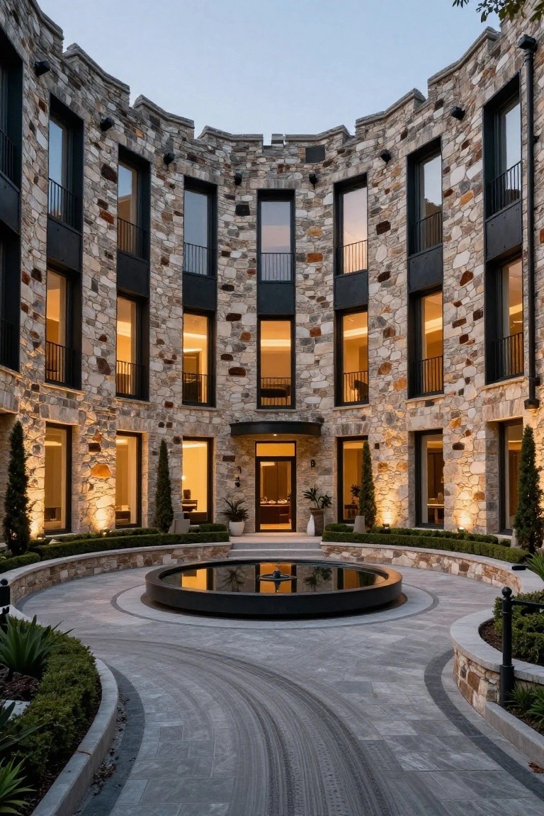 Curved stone mansion with large glass windows and black frames surrounds a circular driveway featuring a central black circular fountain and pool, edged by low landscaping and lit at dusk.