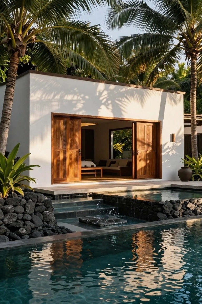 Modern tropical villa with wooden doors, pool, and palm trees.