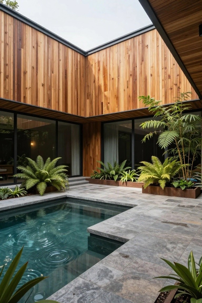 Modern courtyard with rectangular turquoise plunge pool, gray stone decking, vertical wooden wall cladding, large black-framed glass walls, and tropical plants including ferns and palms.