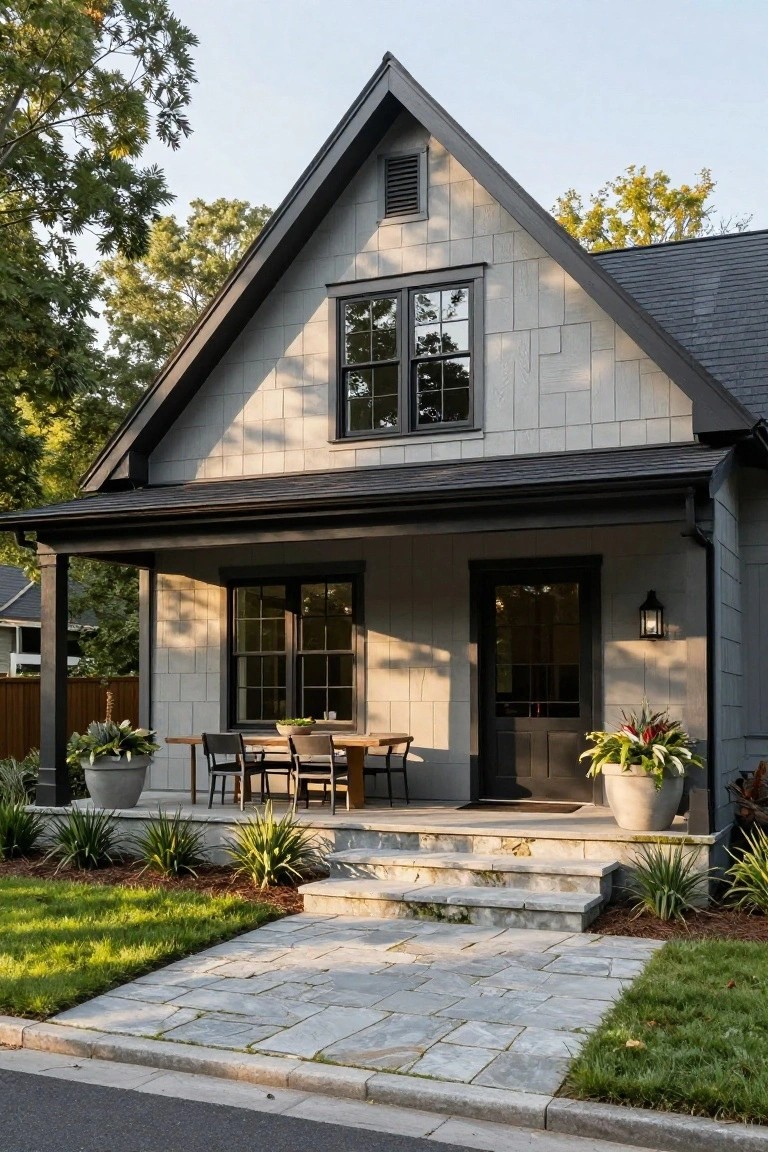 Modern gray house with gabled roof, porch, and stone steps.