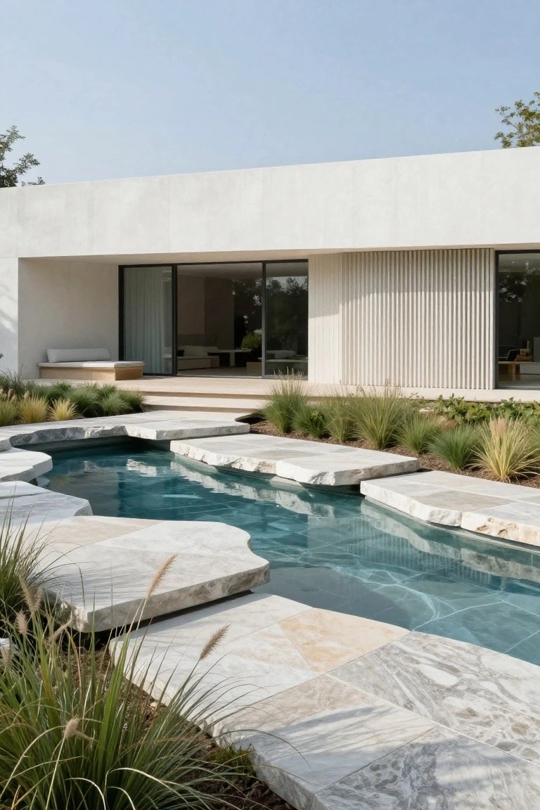 Modern white house exterior with sliding glass doors and vertical wooden slats overlooking a turquoise freeform pool crossed by large irregular white stone slabs amid grasses.