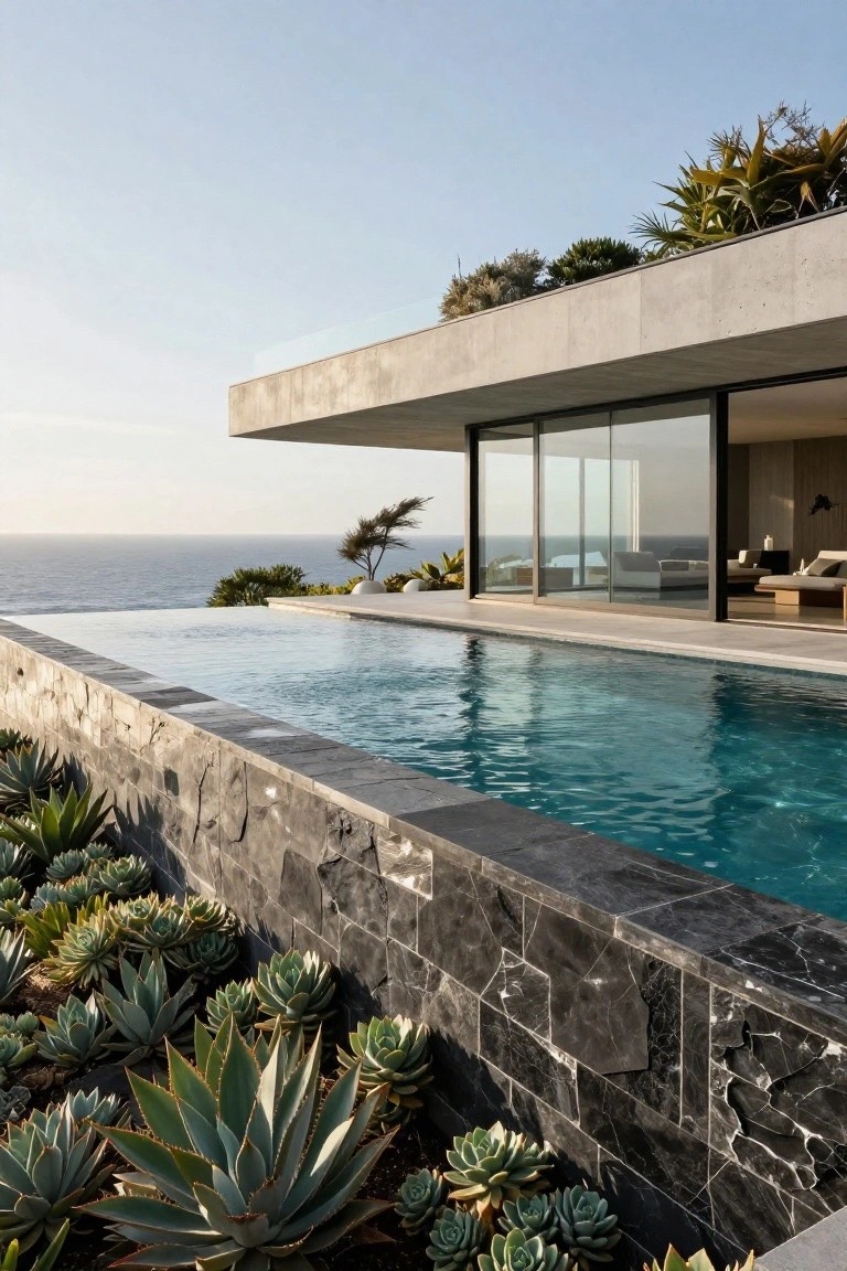 Contemporary concrete house on a cliff with infinity edge pool overlooking the ocean, black stone walls planted with succulents, and large glass doors opening to the pool deck.