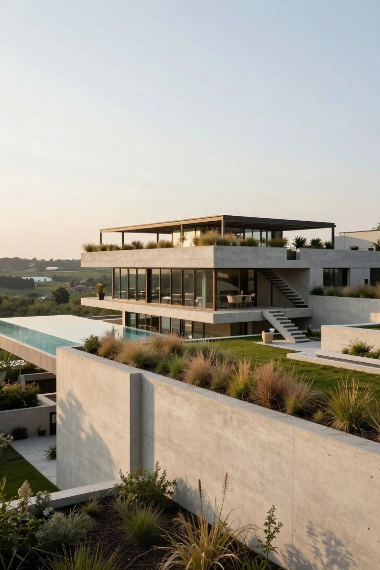 Multi-level modern concrete house with cantilevered infinity edge pool extending over grassy hillside landscape, large glass windows, planted terraces, and distant views of fields and water.