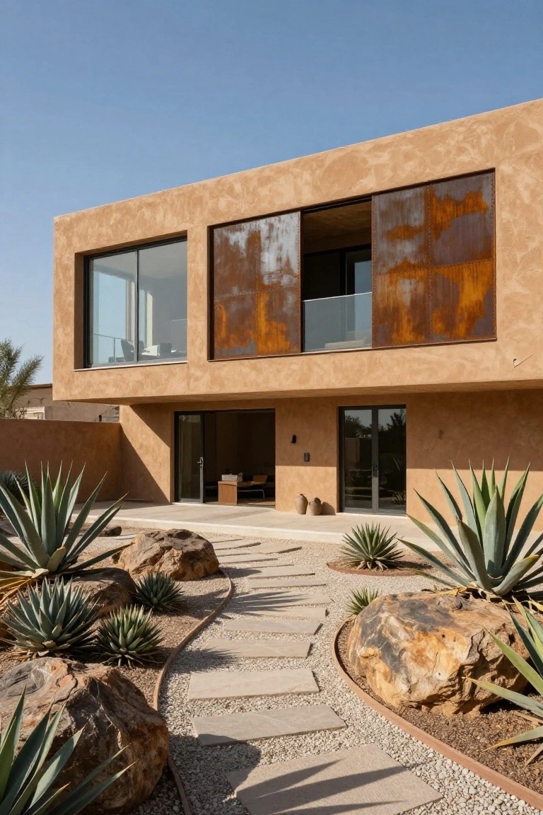 Beige stucco modern house exterior featuring large glass windows with rusted metal screens, a balcony, sliding glass doors, and a curving stone pathway edged by agave plants and large boulders in a gravel yard with palm trees nearby.